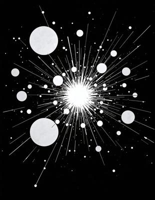 The primary subject of the image is a bright, white light source, which appears to be a sun or a light bulb. The setting is a black background, which contrasts with the bright light source. The visual style is a combination of digital art and illustration, creating a dynamic and eye-catching scene. The colors are predominantly black and white, with the white light source being the main focus and creating a sense of energy and movement.